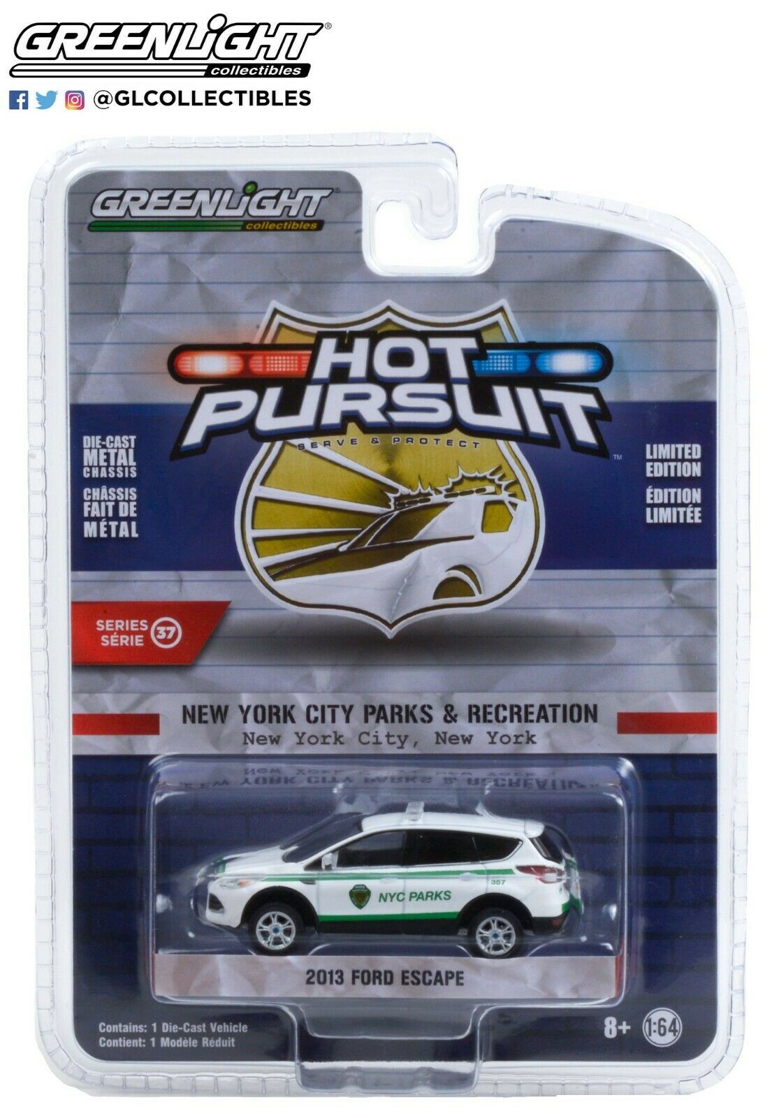 2013 FORD ESCAPE WHITE "NYC DEPT OF PARKS & RECREATION" 1/64 GREENLIGHT 42950 D