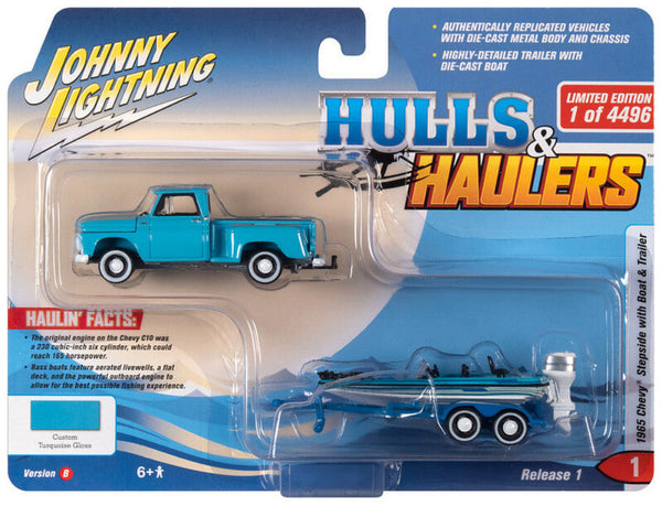 Chevy Stepside Pickup + Remolque con barco, Johnny Lightning 1:64