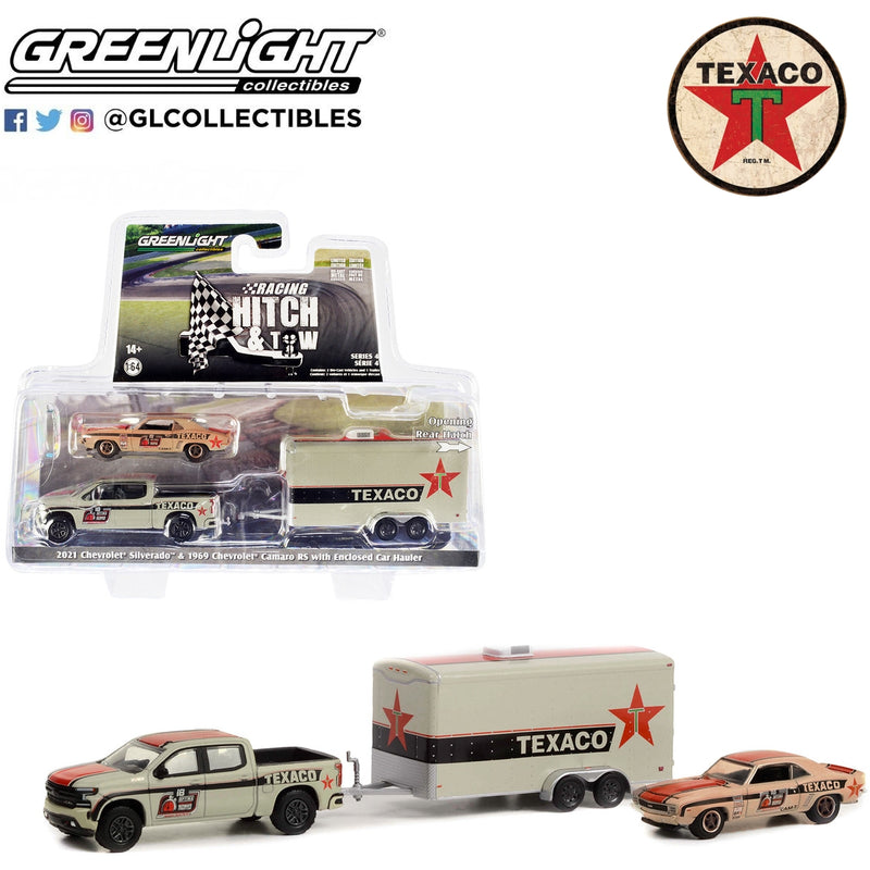 Greenlight 1/64 Racing H&T S4 Texaco 1969 Camaro 2021 Silverado & Remolque 31140C