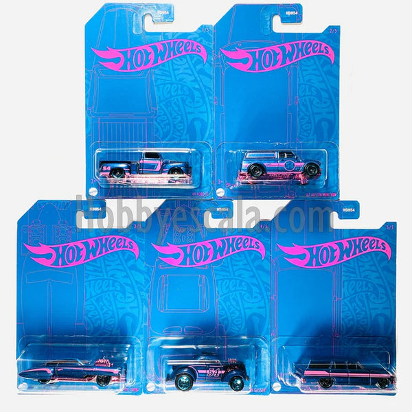 HOT WHEELS 2022 SATIN BLUE & PINK SET OF 5 CARS